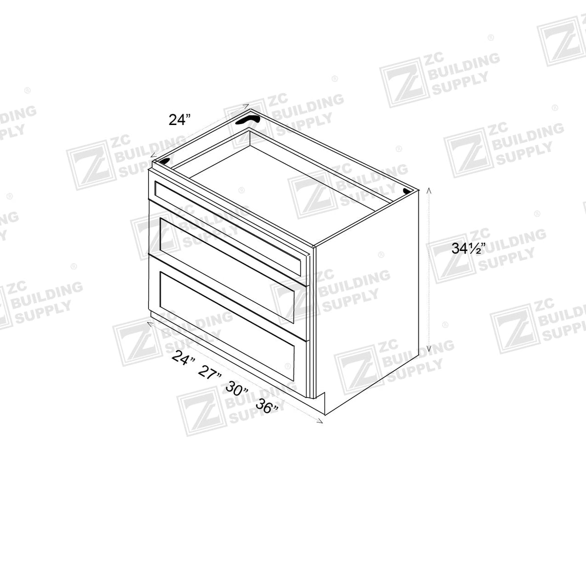 Base 27" - Hunter Green 27 Inches 3 Drawer Base Cabinet