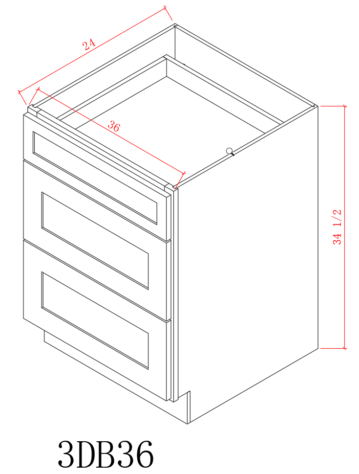 Base 36" - American Oak 36 Inch 3 Drawer Base Cabinet