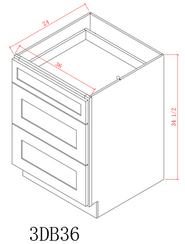 Base 36" - American Oak 36 Inch 3 Drawer Base Cabinet