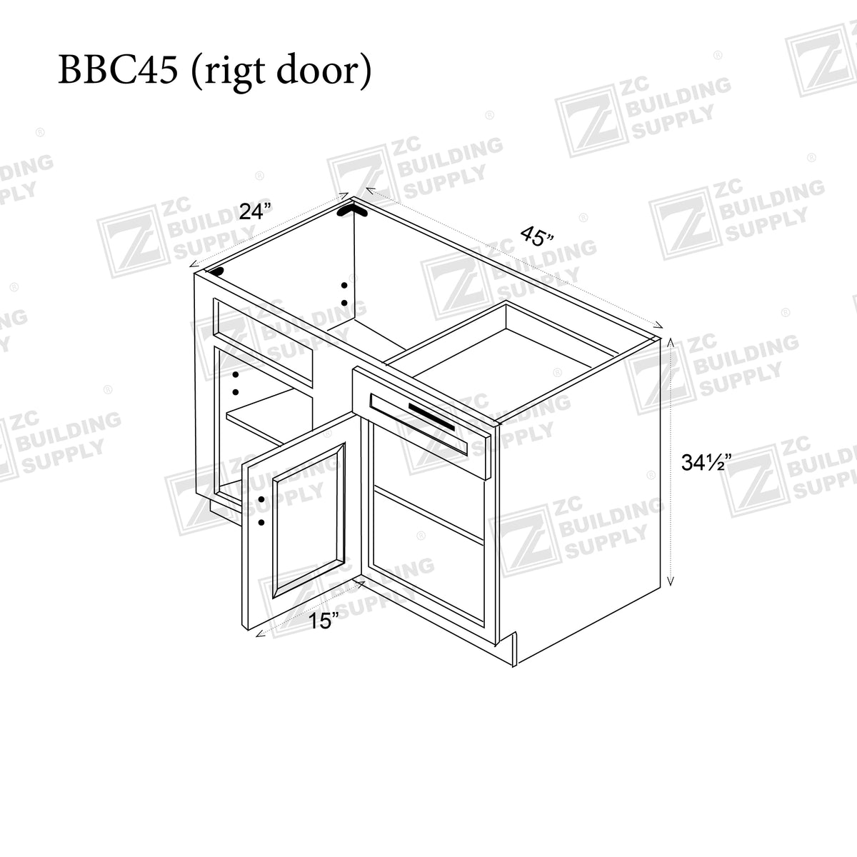 Base 45"-Slim White Shaker 45 Inches Blind Corner Base Cabinet