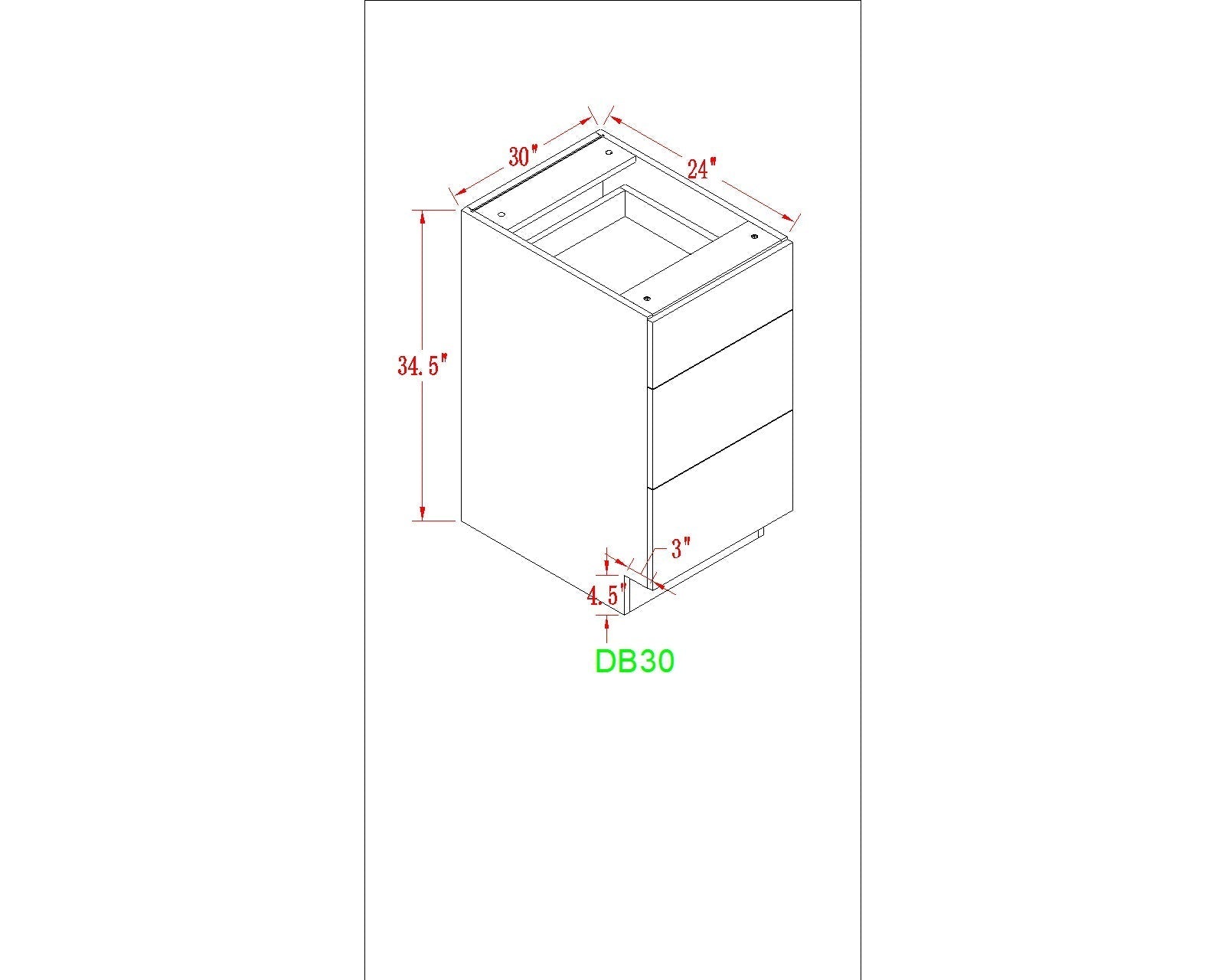 Base 30" - American Oak 30 Inch 3 Drawer Base Cabinet